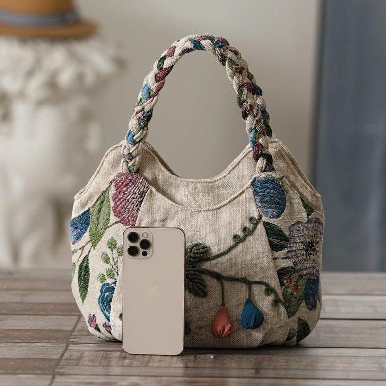 Bohemian Floral Tote Bag Hand Woven Rope Pom Pom Women’s Boho Shoulder Bag