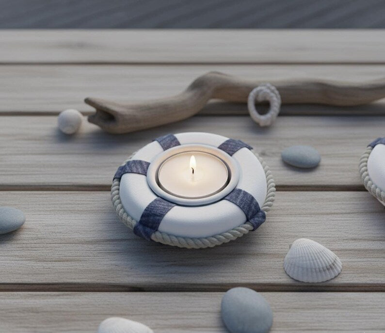 Nautical Life Ring Tea Light Holders Set of 2 Coastal Beach Candle Holders