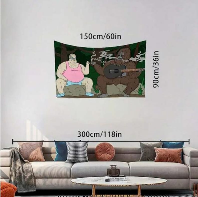 Funny Bigfoot & Guitar Cartoon Tapestry – Vibrant Humorous Wall Hanging
