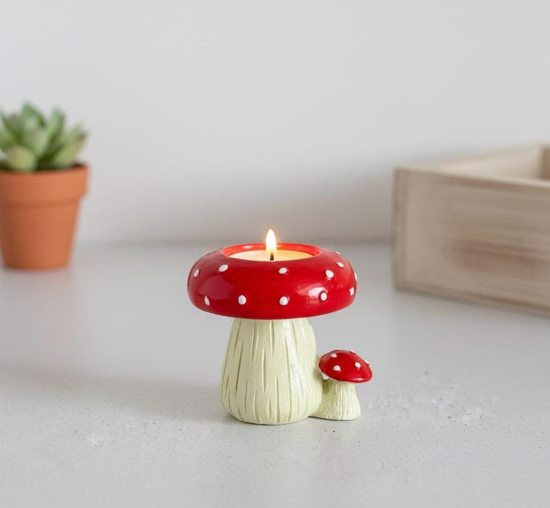 Toadstool Mushroom Tealight Holder Red White Fairycore Resin Candle Holder