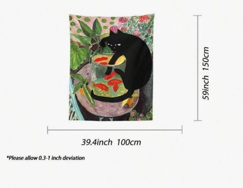 Black Cat & Goldfish Painted Tapestry – Vibrant Cute Cat Wall Hanging
