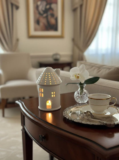 Ceramic House Tea Light Holder 11.5cm White Cottage Candle Lantern