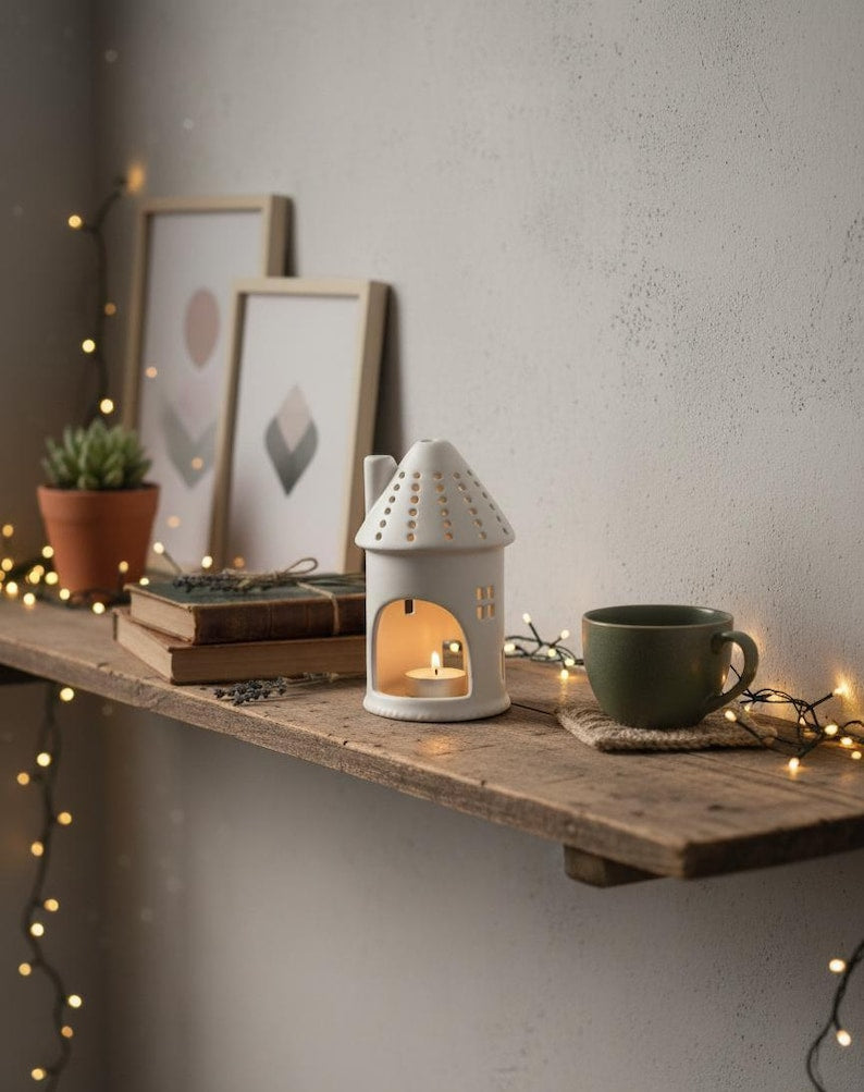 Ceramic House Tea Light Holder 11.5cm White Cottage Candle Lantern
