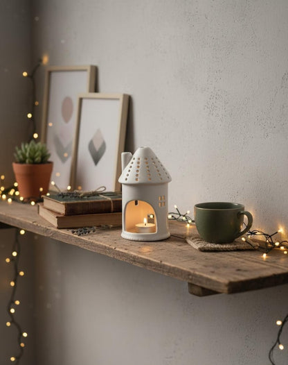 Ceramic House Tea Light Holder 11.5cm White Cottage Candle Lantern