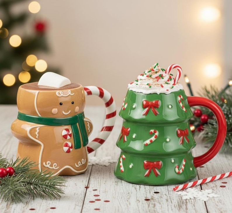 Ceramic Christmas Mugs Gingerbread Man & Christmas Tree Holiday Gift
