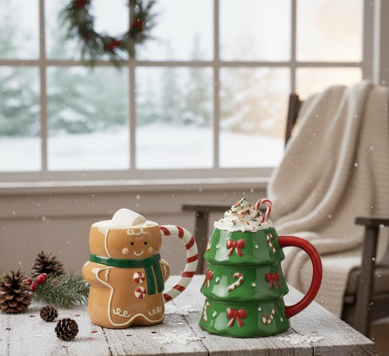 Ceramic Christmas Mugs Gingerbread Man & Christmas Tree Holiday Gift