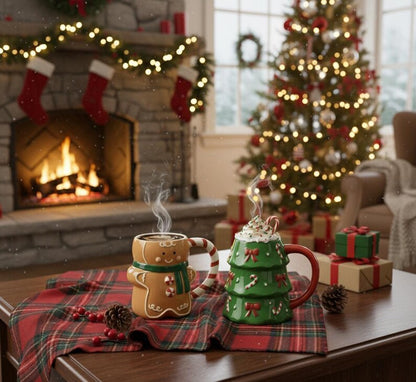 Ceramic Christmas Mugs Gingerbread Man & Christmas Tree Holiday Gift