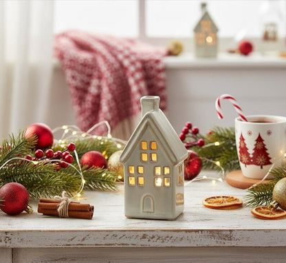 Light Up Ceramic House LED Candle Ornament Natural Beige Home Decor