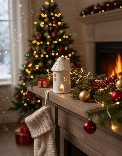 Ceramic House Tea Light Holder 11.5cm White Cottage Candle Lantern