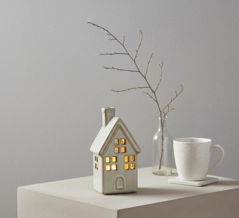 Light Up Ceramic House LED Candle Ornament Natural Beige Home Decor