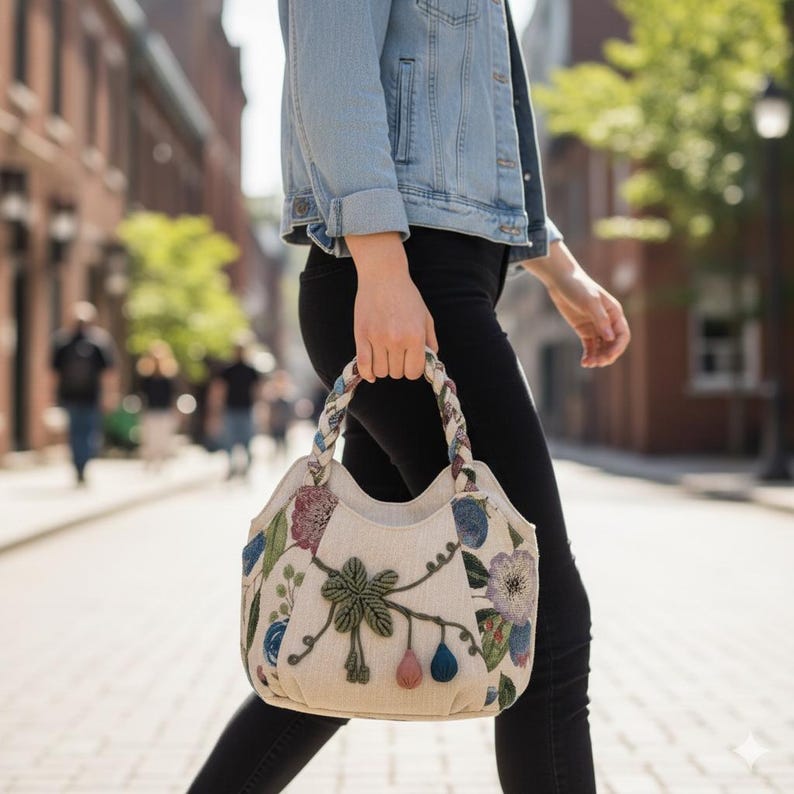 Bohemian Floral Tote Bag Hand Woven Rope Pom Pom Women’s Boho Shoulder Bag