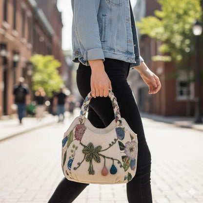 Bohemian Floral Tote Bag Hand Woven Rope Pom Pom Women’s Boho Shoulder Bag