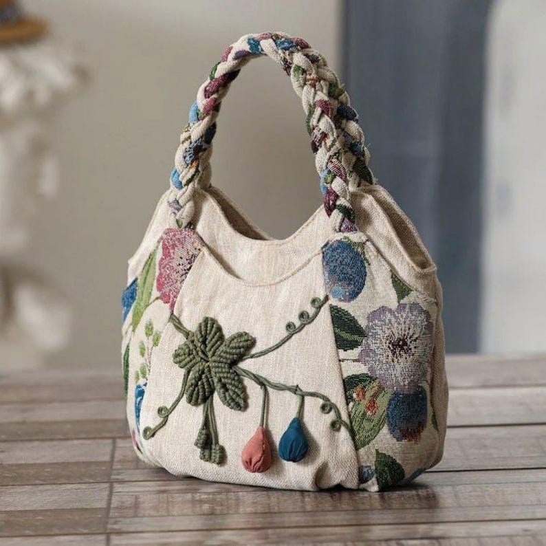 Bohemian Floral Tote Bag Hand Woven Rope Pom Pom Women’s Boho Shoulder Bag