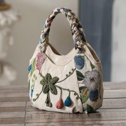 Bohemian Floral Tote Bag Hand Woven Rope Pom Pom Women’s Boho Shoulder Bag