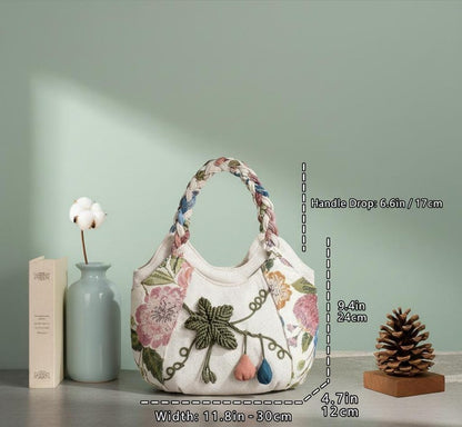 Bohemian Floral Tote Bag Hand Woven Rope Pom Pom Women’s Boho Shoulder Bag