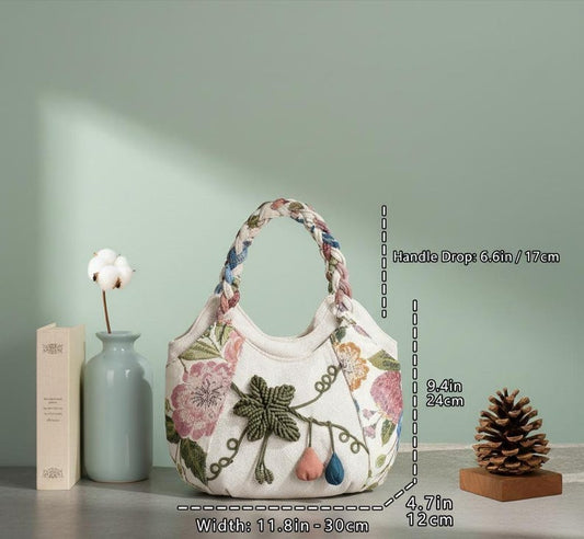 Bohemian Floral Tote Bag Hand Woven Rope Pom Pom Women’s Boho Shoulder Bag