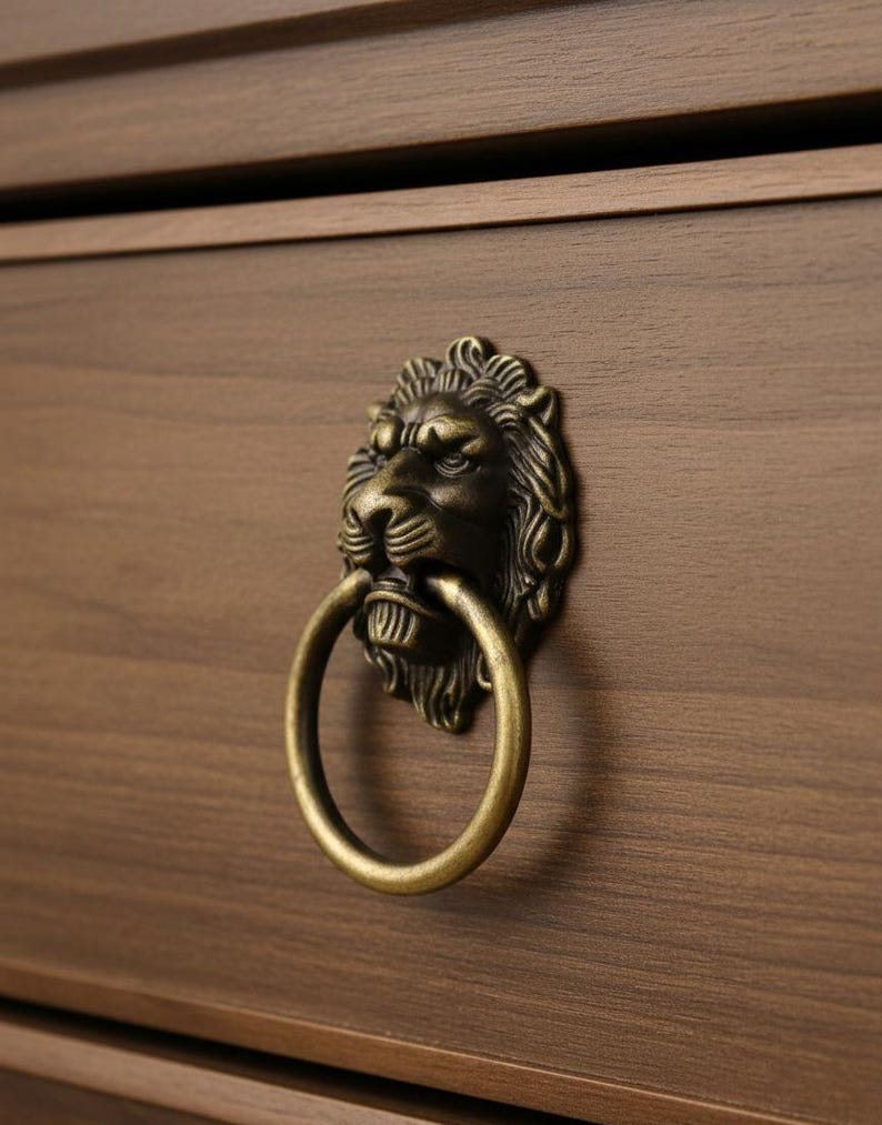 Vintage Lion Head Drawer Knob Antique Brass Cabinet Handle