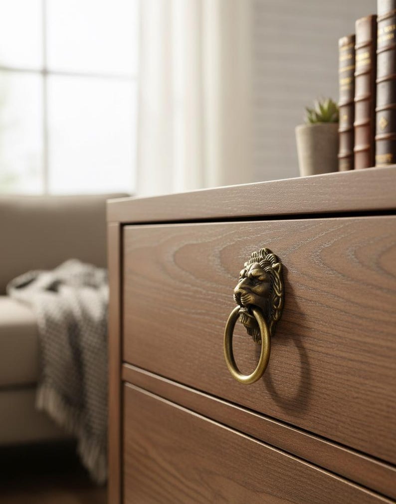 Vintage Lion Head Drawer Knob Antique Brass Cabinet Handle