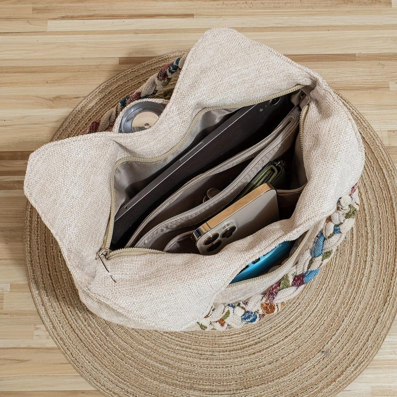 Bohemian Floral Tote Bag Hand Woven Rope Pom Pom Women’s Boho Shoulder Bag