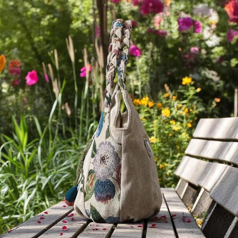 Bohemian Floral Tote Bag Hand Woven Rope Pom Pom Women’s Boho Shoulder Bag