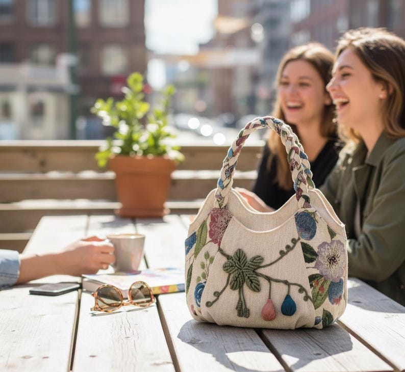 Bohemian Floral Tote Bag Hand Woven Rope Pom Pom Women’s Boho Shoulder Bag