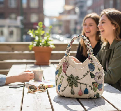 Bohemian Floral Tote Bag Hand Woven Rope Pom Pom Women’s Boho Shoulder Bag