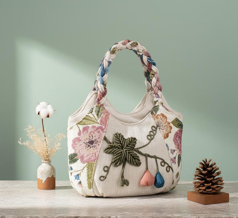 Bohemian Floral Tote Bag Hand Woven Rope Pom Pom Women’s Boho Shoulder Bag