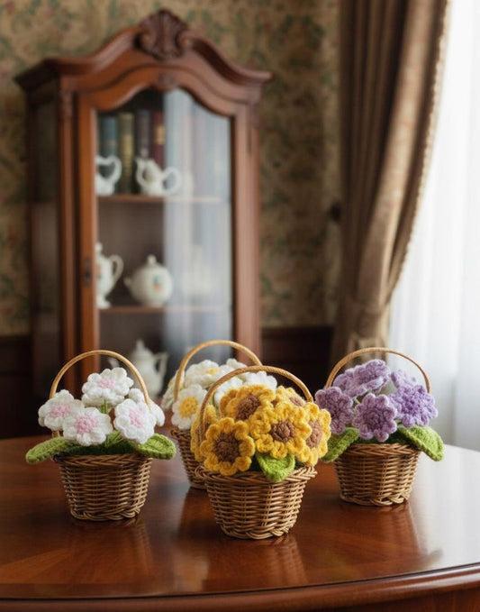 Crochet Flower Basket Decor Handmade Yarn Flowers Wicker Basket