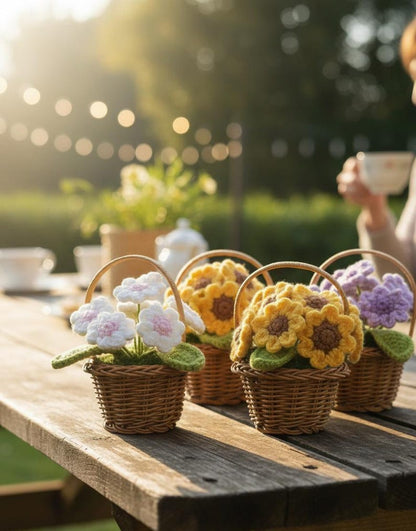 Crochet Flower Basket Decor Handmade Yarn Flowers Wicker Basket