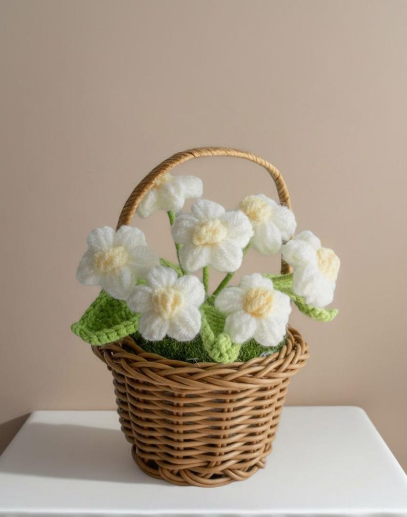 Crochet Flower Basket Decor Handmade Yarn Flowers Wicker Basket