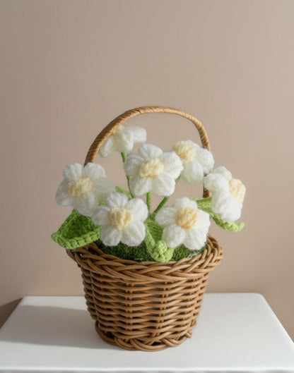 Crochet Flower Basket Decor Handmade Yarn Flowers Wicker Basket