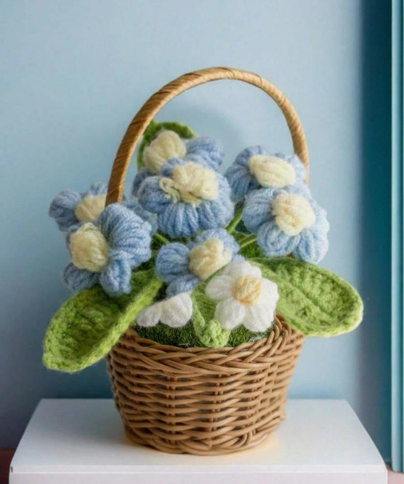 Crochet Flower Basket Decor Handmade Yarn Flowers Wicker Basket