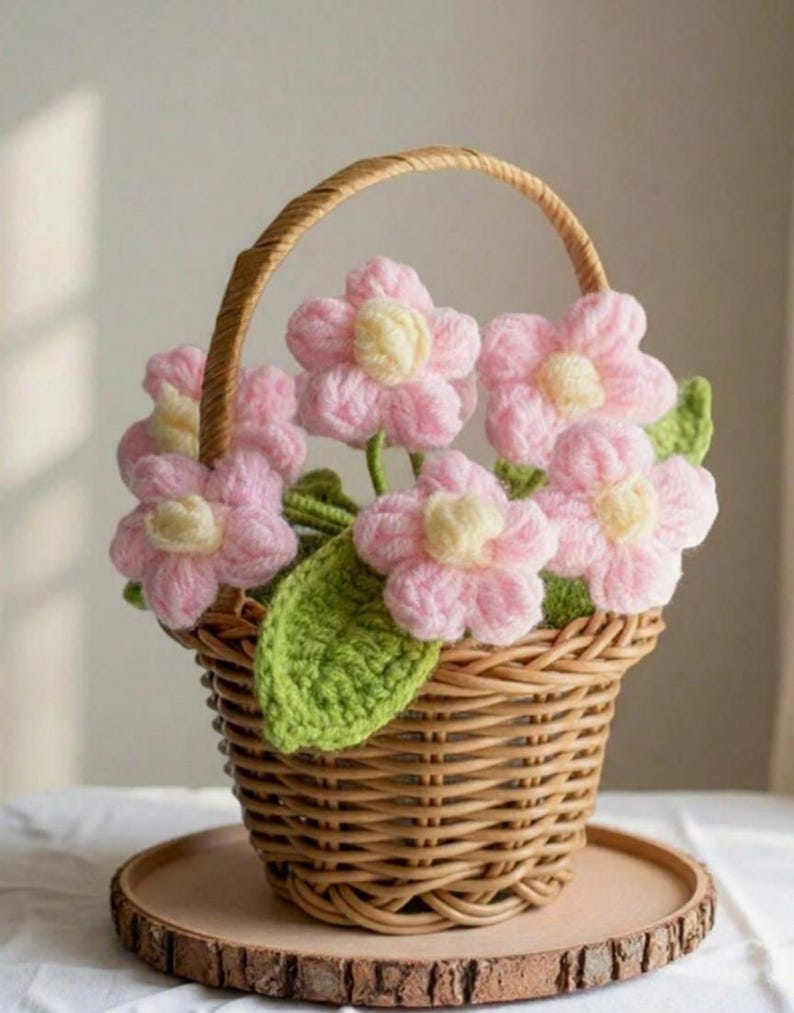 Crochet Flower Basket Decor Handmade Yarn Flowers Wicker Basket