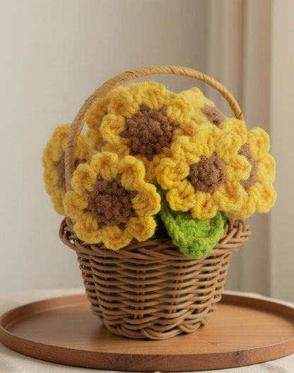 Crochet Flower Basket Decor Handmade Yarn Flowers Wicker Basket