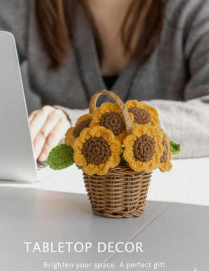 Crochet Flower Basket Decor Handmade Yarn Flowers Wicker Basket