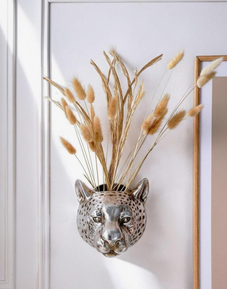 Leopard Wall Planter – Metal Embossed Animal Head Vase
