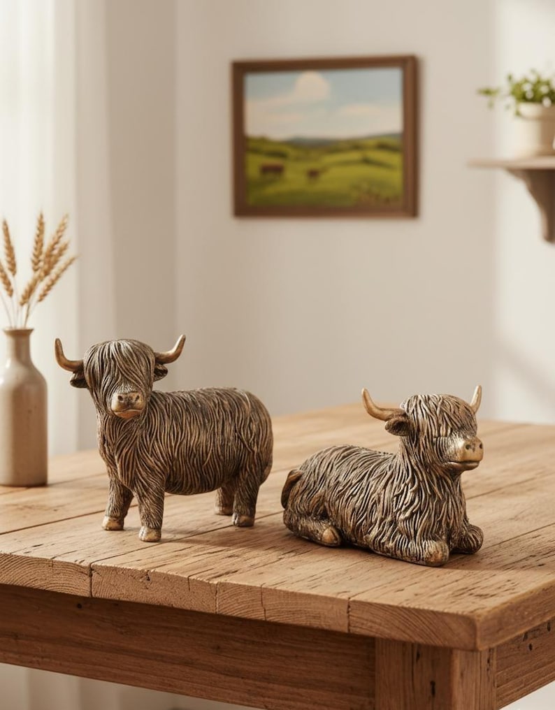 Highland Cow Resin Figurines Rustic Farm Animal Shelf Decor