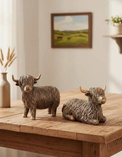 Highland Cow Resin Figurines Rustic Farm Animal Shelf Decor