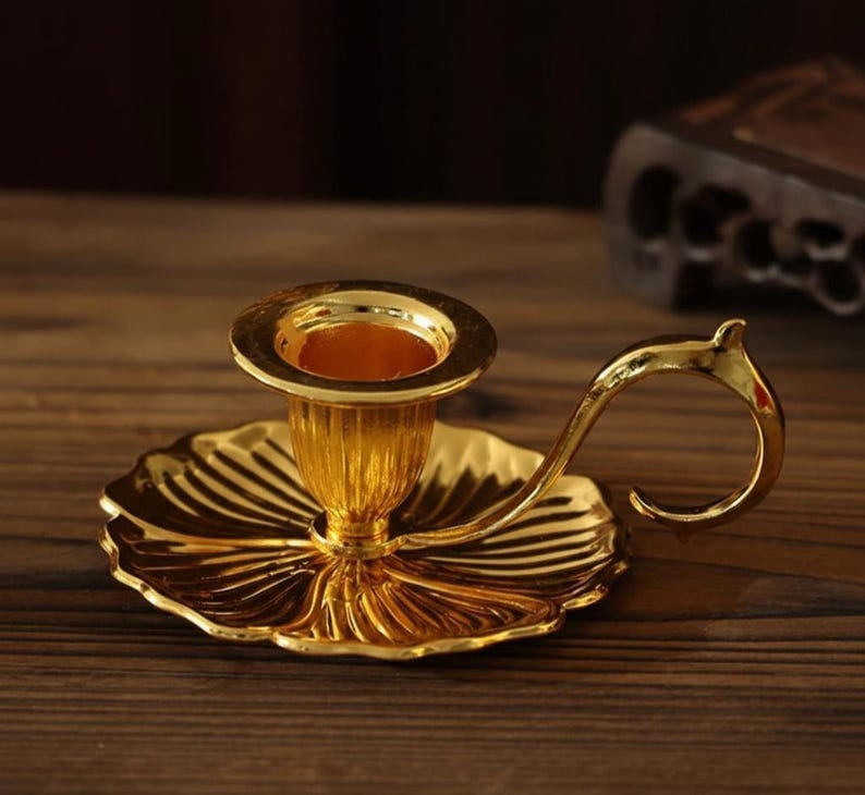 Vintage Metal Chamberstick Candle Holder with Handle Antique Brass Gold Silver Bronze