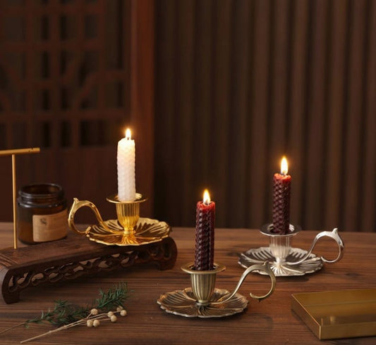 Vintage Metal Chamberstick Candle Holder with Handle Antique Brass Gold Silver Bronze