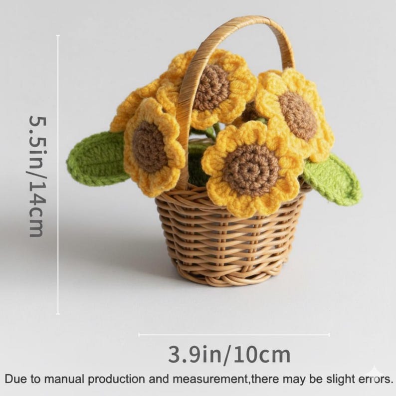 Crochet Flower Basket Decor Handmade Yarn Flowers Wicker Basket