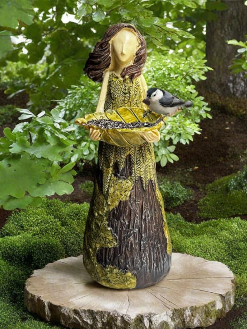 Resin Fairy Garden Bird Feeder Statue Outdoor Bird Bath Figurine