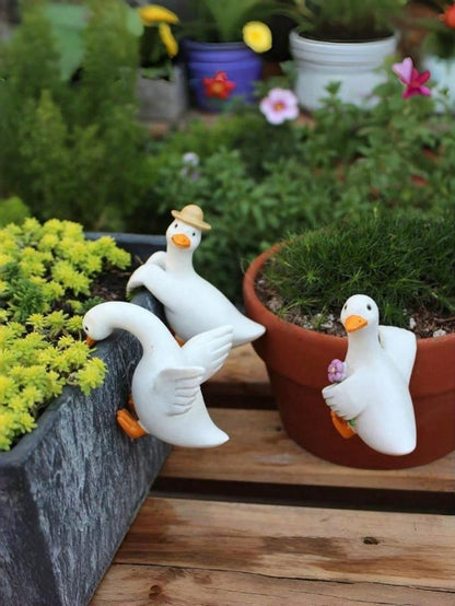 Cute Duck Pot Hanger – Resin Goose Plant Rim Figurines