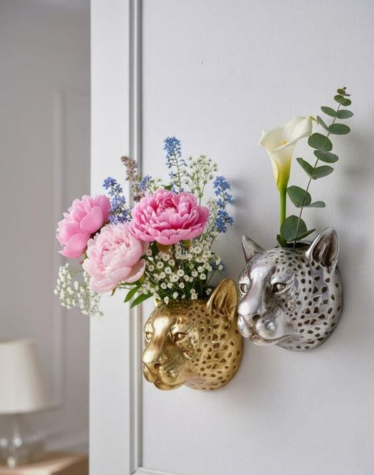 Leopard Wall Planter – Metal Embossed Animal Head Vase