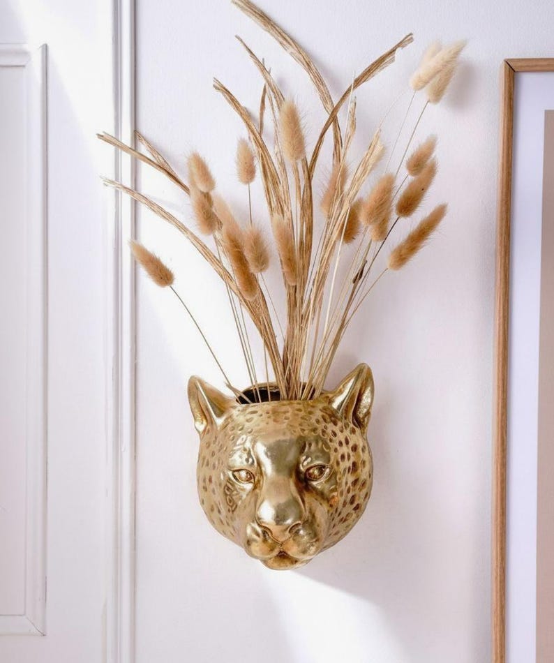 Leopard Wall Planter – Metal Embossed Animal Head Vase