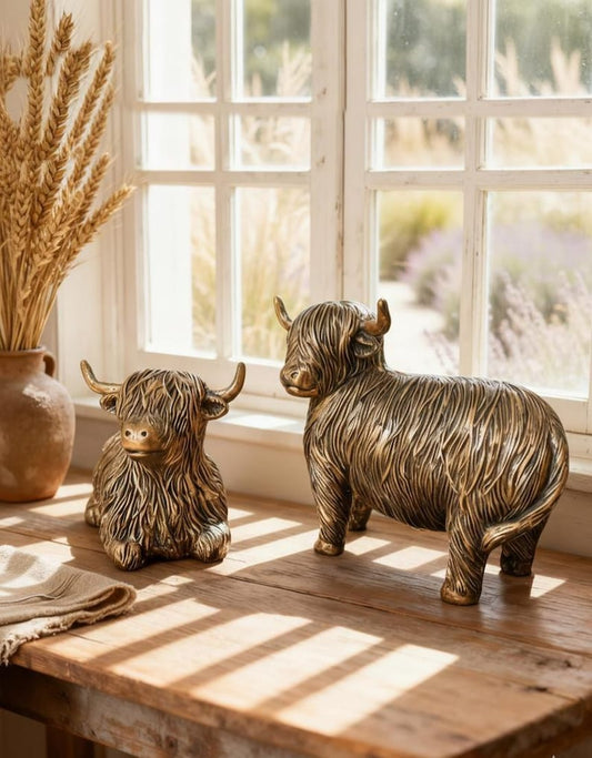 Highland Cow Resin Figurines Rustic Farm Animal Shelf Decor