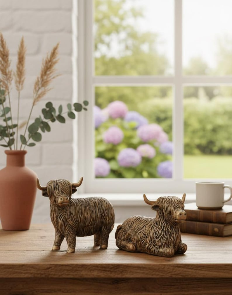 Highland Cow Resin Figurines Rustic Farm Animal Shelf Decor