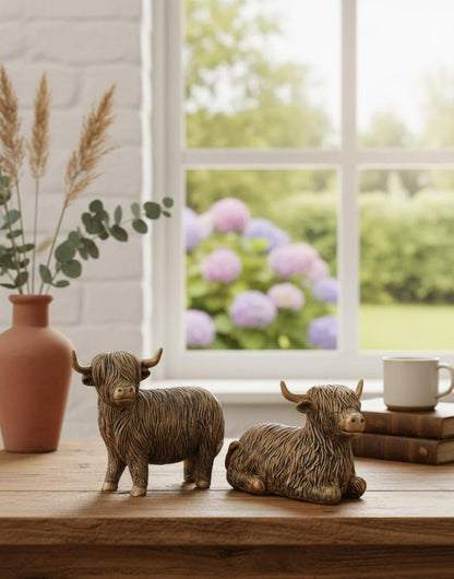 Highland Cow Resin Figurines Rustic Farm Animal Shelf Decor