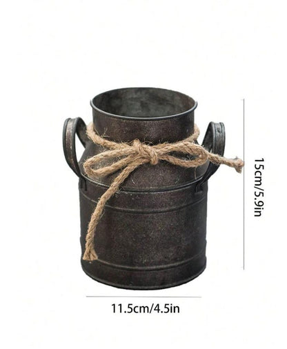 Rustic Metal Planter with Rope Bow Farmhouse Flower Pot