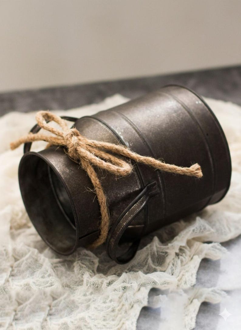 Rustic Metal Planter with Rope Bow Farmhouse Flower Pot